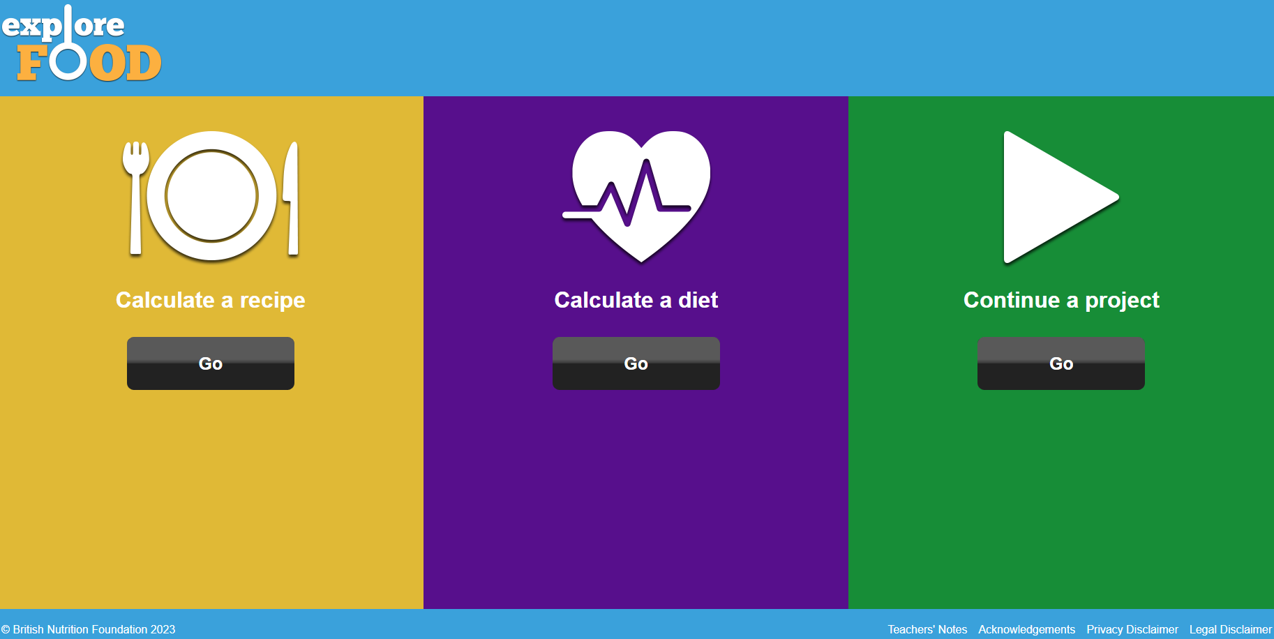 A screenshot of the homepage of Explore Food. Options to calculate a recipe, calculate a diet or continue a project